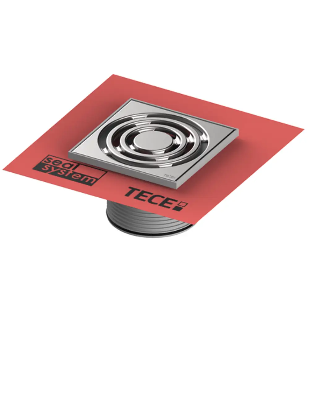 Entwässerungsablauf mit quadratischem Designrost und Seal System Dichtmanschette von TECE, montiert auf rotem Untergrund.